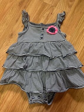 Striped Navy & White Tiered Baby Dress Romper with Pink Flower
